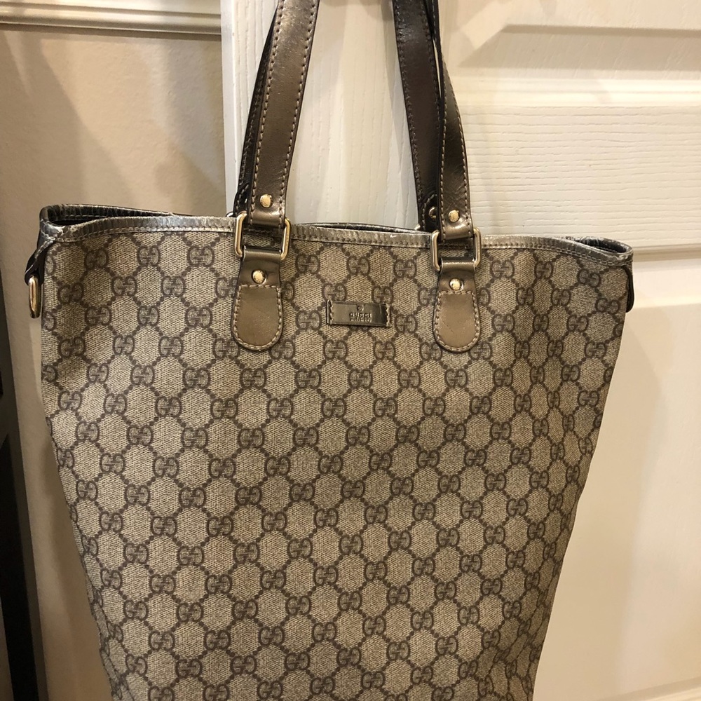Authentic Gucci Logo Canvas Leather Tote